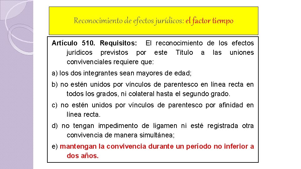 Reconocimiento de efectos jurídicos: el factor tiempo Artículo 510. Requisitos: El reconocimiento de los