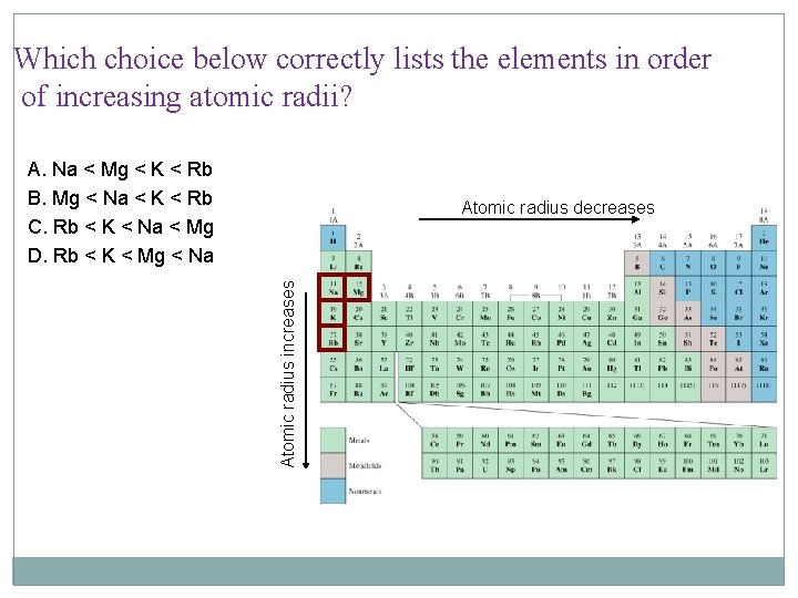 Which choice below correctly lists the elements in order of increasing atomic radii? A.