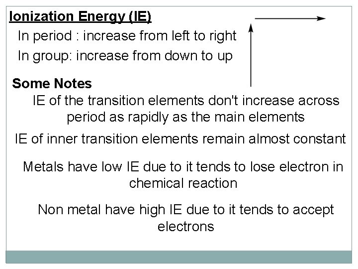 Ionization Energy (IE) In period : increase from left to right In group: increase
