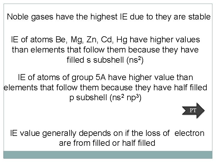 Noble gases have the highest IE due to they are stable IE of atoms