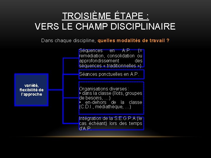 TROISIÈME ÉTAPE : VERS LE CHAMP DISCIPLINAIRE Dans chaque discipline, quelles modalités de travail