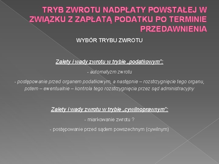 TRYB ZWROTU NADPŁATY POWSTAŁEJ W ZWIĄZKU Z ZAPŁATĄ PODATKU PO TERMINIE PRZEDAWNIENIA WYBÓR TRYBU