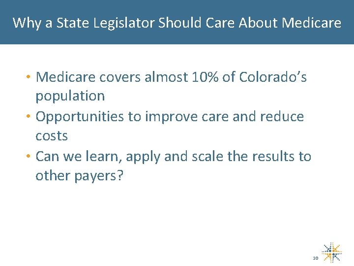 Why a State Legislator Should Care About Medicare • Medicare covers almost 10% of