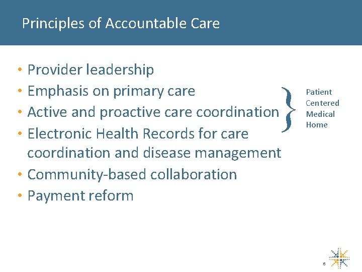 Principles of Accountable Care Provider leadership Emphasis on primary care Active and proactive care