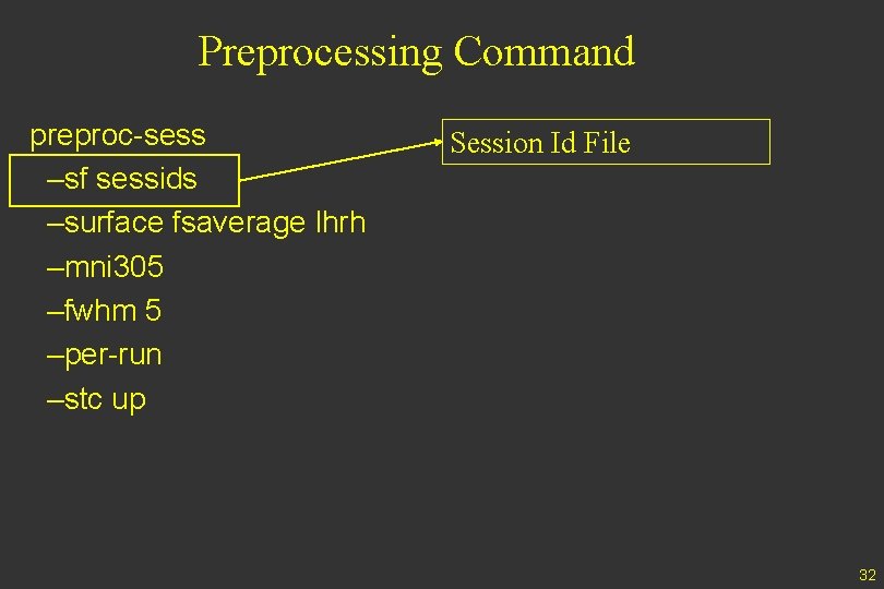 Preprocessing Command preproc-sess –sf sessids –surface fsaverage lhrh –mni 305 –fwhm 5 –per-run –stc