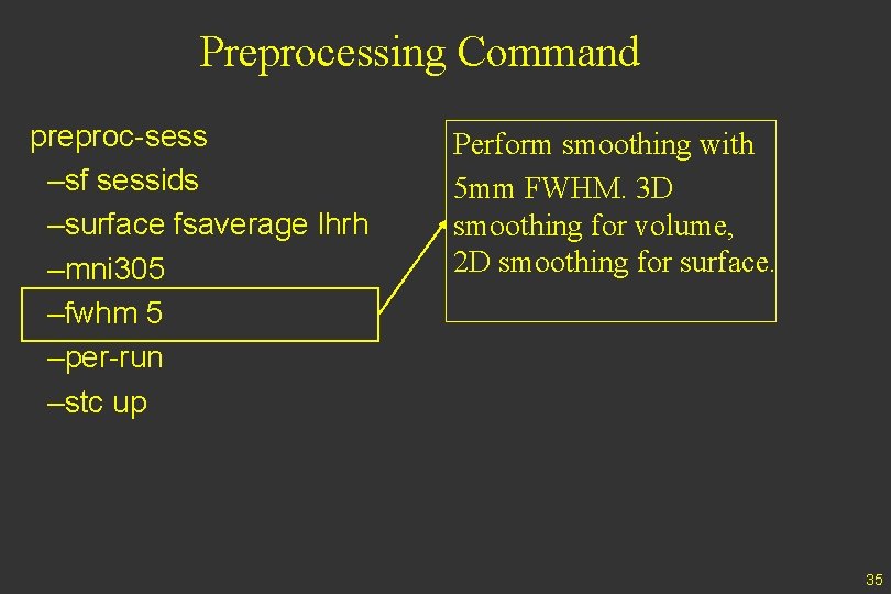 Preprocessing Command preproc-sess –sf sessids –surface fsaverage lhrh –mni 305 –fwhm 5 –per-run –stc