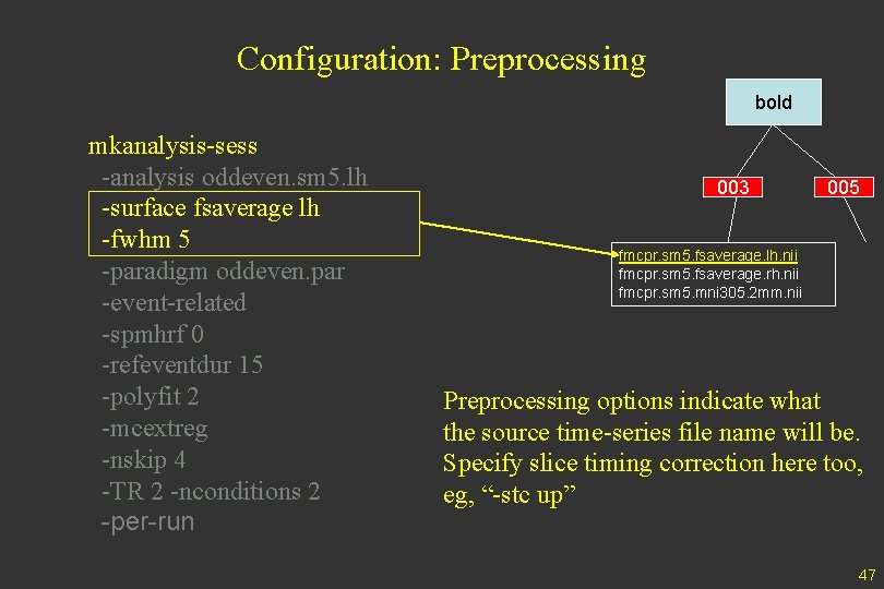 Configuration: Preprocessing bold mkanalysis-sess -analysis oddeven. sm 5. lh -surface fsaverage lh -fwhm 5