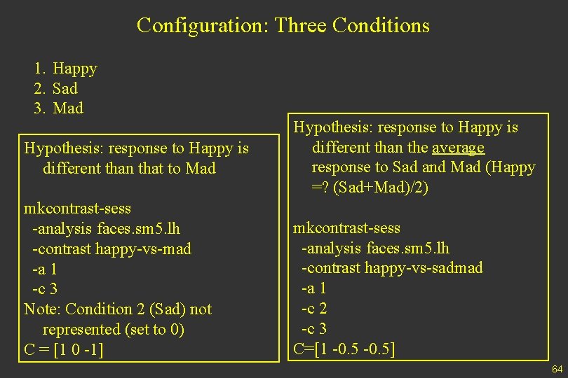 Configuration: Three Conditions 1. Happy 2. Sad 3. Mad Hypothesis: response to Happy is
