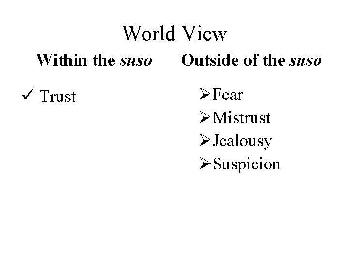 World View Within the suso ü Trust Outside of the suso ØFear ØMistrust ØJealousy