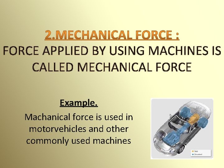 FORCE APPLIED BY USING MACHINES IS CALLED MECHANICAL FORCE Example. Machanical force is used