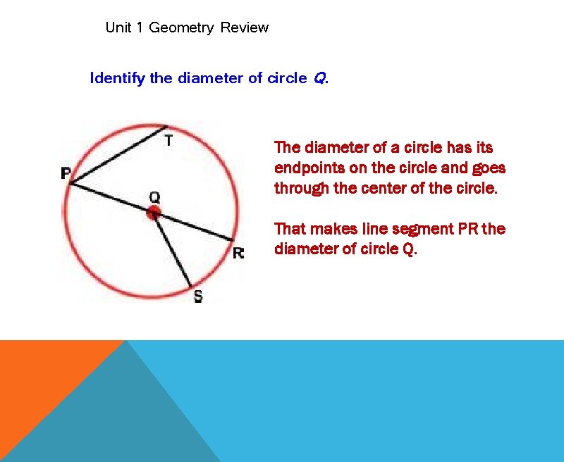 Unit 1 Geometry Review Identify the diameter of circle Q. The diameter of a