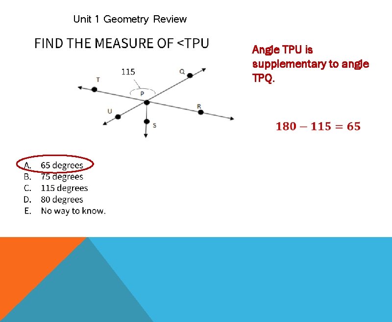 Unit 1 Geometry Review Angle TPU is supplementary to angle TPQ. 