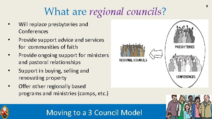 What are regional councils? • • • Will replace presbyteries and Conferences Provide support