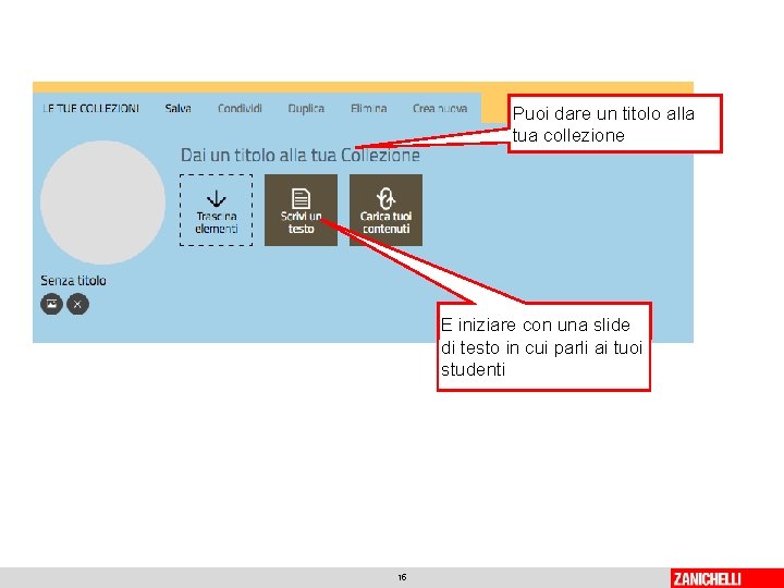 Puoi dare un titolo alla tua collezione E iniziare con una slide di testo