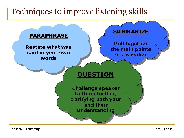 Techniques to improve listening skills SUMMARIZE PARAPHRASE Restate what was said in your own