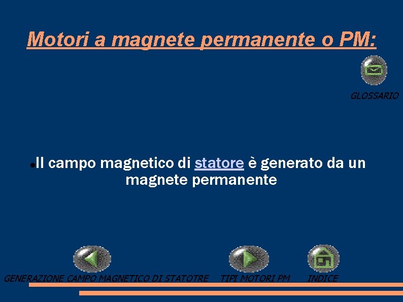 Motori a magnete permanente o PM: GLOSSARIO Il campo magnetico di statore è generato