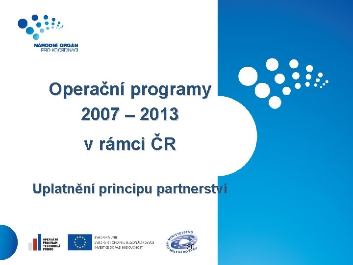 Operační programy 2007 – 2013 v rámci ČR Uplatnění principu partnerství 30 