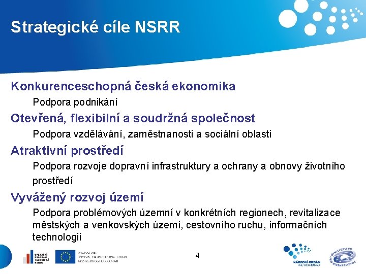 Strategické cíle NSRR Konkurenceschopná česká ekonomika Podpora podnikání Otevřená, flexibilní a soudržná společnost Podpora