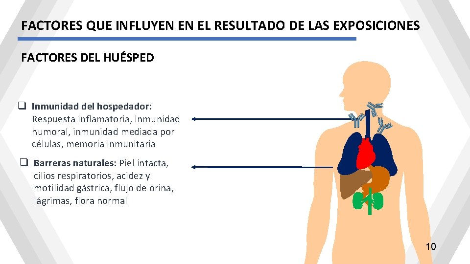 FACTORES QUE INFLUYEN EN EL RESULTADO DE LAS EXPOSICIONES FACTORES DEL HUÉSPED q Inmunidad FACTORES QUE INFLUYEN EN EL RESULTADO DE LAS EXPOSICIONES FACTORES DEL HUÉSPED q Inmunidad