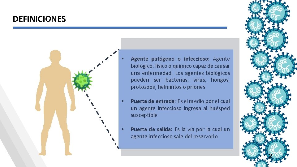 DEFINICIONES • Agente patógeno o infeccioso: Agente biológico, físico o químico capaz de causar DEFINICIONES • Agente patógeno o infeccioso: Agente biológico, físico o químico capaz de causar