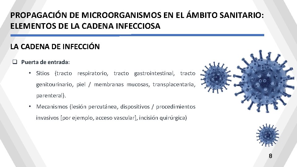 PROPAGACIÓN DE MICROORGANISMOS EN EL ÁMBITO SANITARIO: ELEMENTOS DE LA CADENA INFECCIOSA LA CADENA PROPAGACIÓN DE MICROORGANISMOS EN EL ÁMBITO SANITARIO: ELEMENTOS DE LA CADENA INFECCIOSA LA CADENA