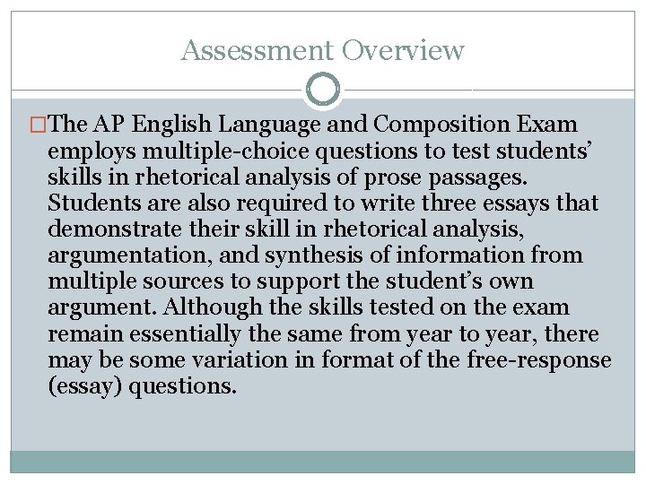 Assessment Overview �The AP English Language and Composition Exam employs multiple-choice questions to test