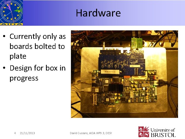 Hardware • Currently only as boards bolted to plate • Design for box in