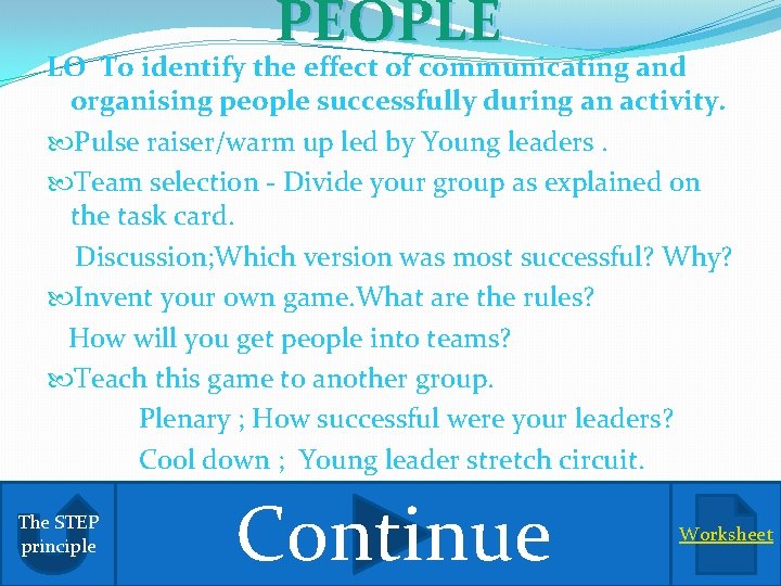 PEOPLE LO To identify the effect of communicating and organising people successfully during an