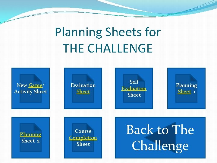 Planning Sheets for THE CHALLENGE New Game/ Activity Sheet Evaluation Sheet Planning Sheet 2