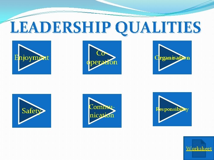 LEADERSHIP QUALITIES Enjoyment Cooperation Organisation Safety Communication Responsibility Worksheet 