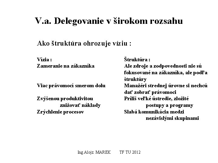 V. a. Delegovanie v širokom rozsahu Ako štruktúra ohrozuje víziu : Vízia : Zameranie