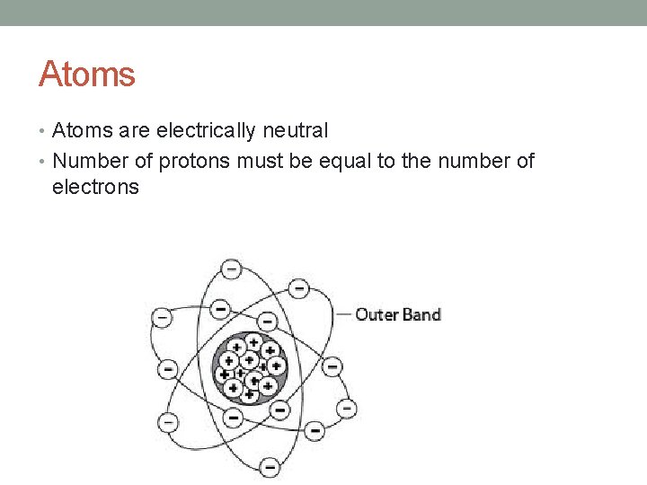 Atoms • Atoms are electrically neutral • Number of protons must be equal to