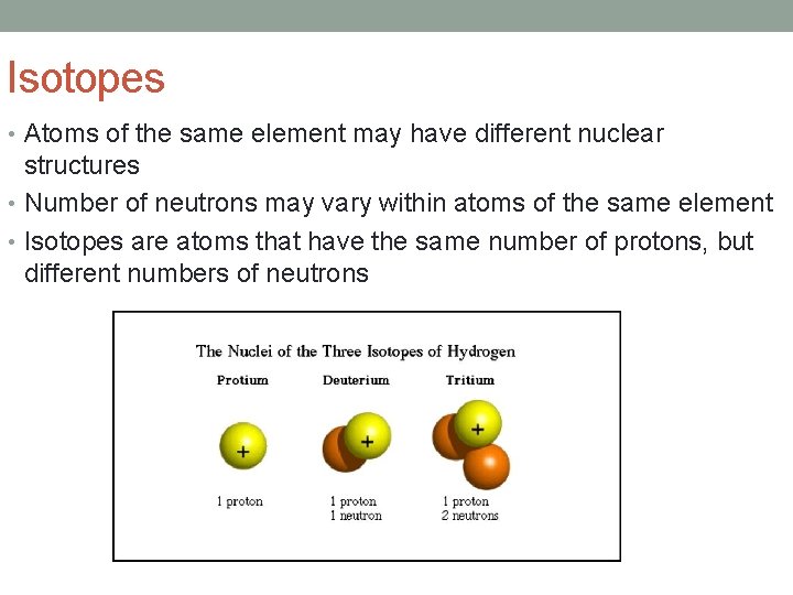 Isotopes • Atoms of the same element may have different nuclear structures • Number