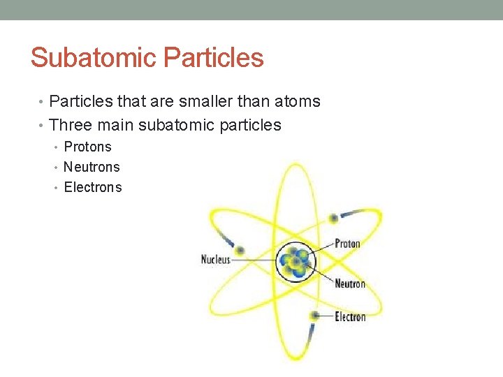 Subatomic Particles • Particles that are smaller than atoms • Three main subatomic particles