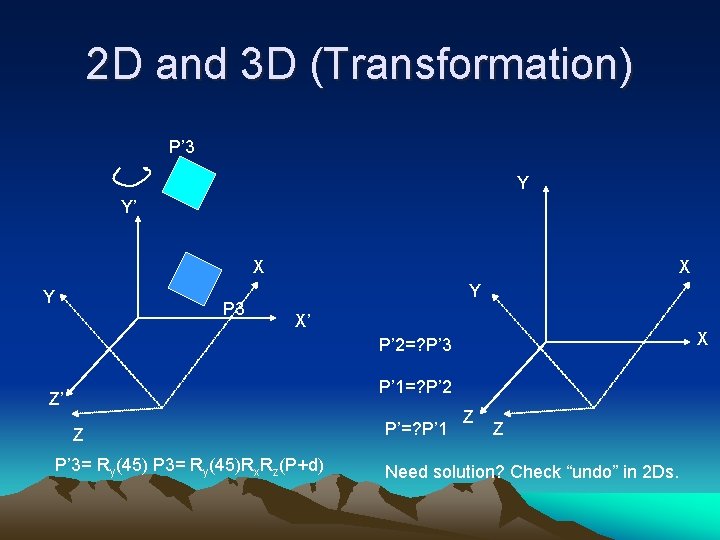 2 D and 3 D (Transformation) P’ 3 Y Y’ X Y P 3