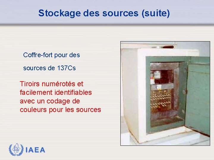 Stockage des sources (suite) Coffre-fort pour des sources de 137 Cs Tiroirs numérotés et