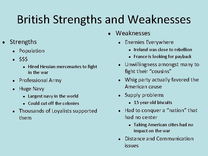 British Strengths and Weaknesses ● ● Strengths ● ● ● Hired Hessian mercenaries to