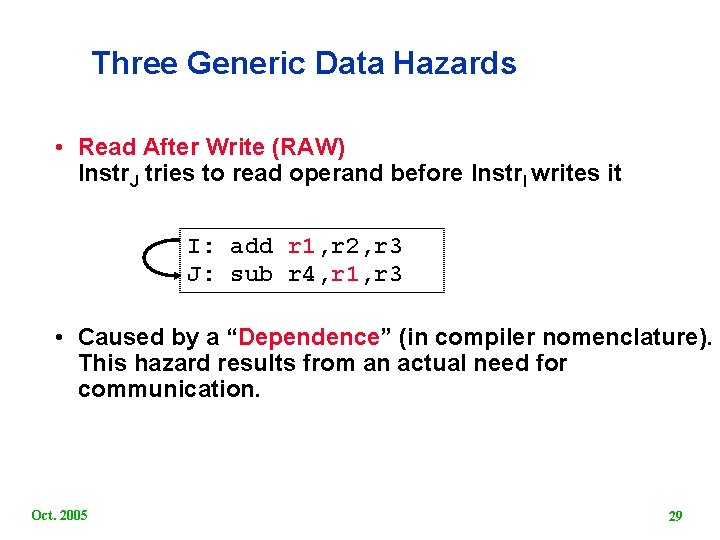 Three Generic Data Hazards • Read After Write (RAW) Instr. J tries to read