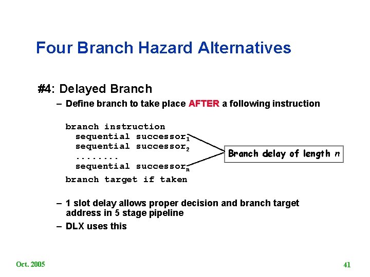 Four Branch Hazard Alternatives #4: Delayed Branch – Define branch to take place AFTER