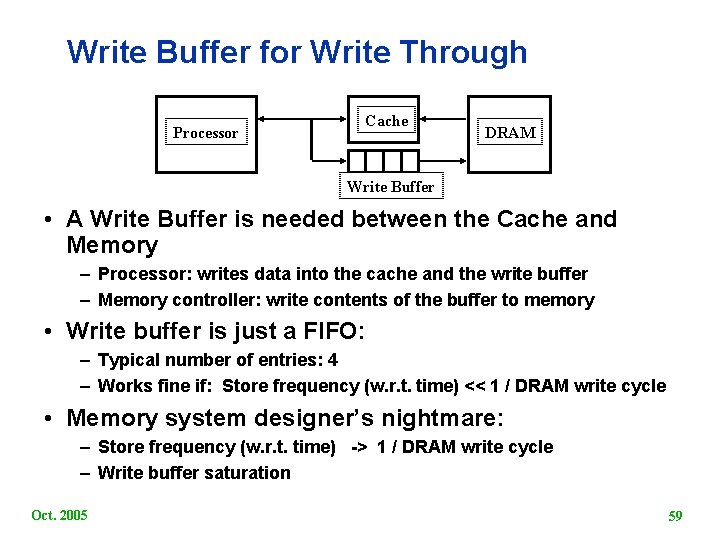 Write Buffer for Write Through Processor Cache DRAM Write Buffer • A Write Buffer