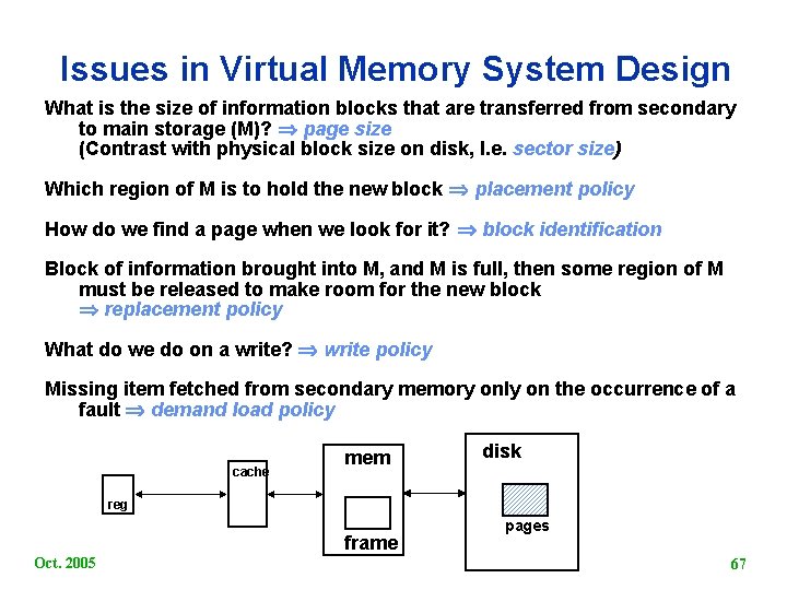 Issues in Virtual Memory System Design What is the size of information blocks that