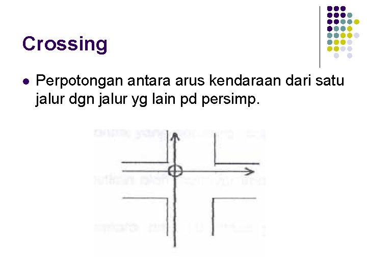 Crossing l Perpotongan antara arus kendaraan dari satu jalur dgn jalur yg lain pd