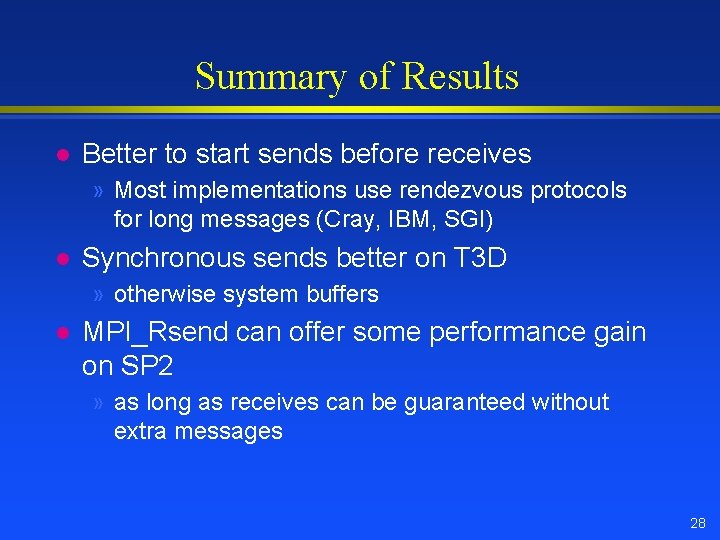 Summary of Results l Better to start sends before receives » Most implementations use