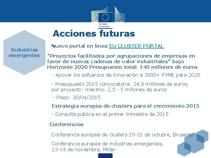 Acciones futuras Industrias emergentes Nuevo portal en línea EU CLUSTER PORTAL "Proyectos facilitados por