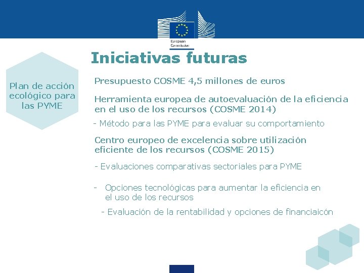 Iniciativas futuras Plan de acción ecológico para las PYME Presupuesto COSME 4, 5 millones