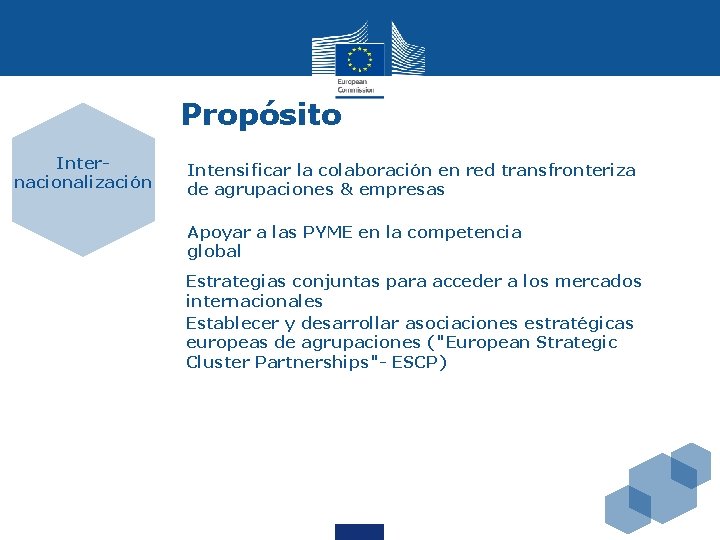 Propósito Internacionalización Intensificar la colaboración en red transfronteriza de agrupaciones & empresas Apoyar a Propósito Internacionalización Intensificar la colaboración en red transfronteriza de agrupaciones & empresas Apoyar a