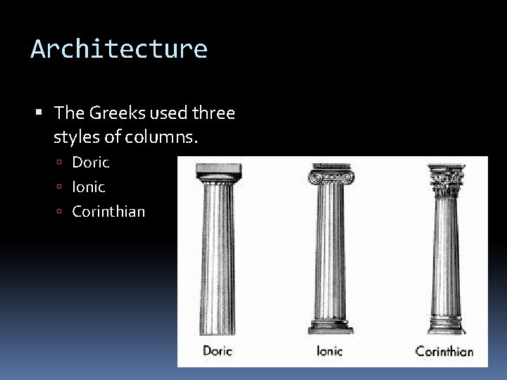 Architecture The Greeks used three styles of columns. Doric Ionic Corinthian 