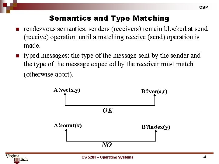 CSP n n Semantics and Type Matching rendezvous semantics: senders (receivers) remain blocked at