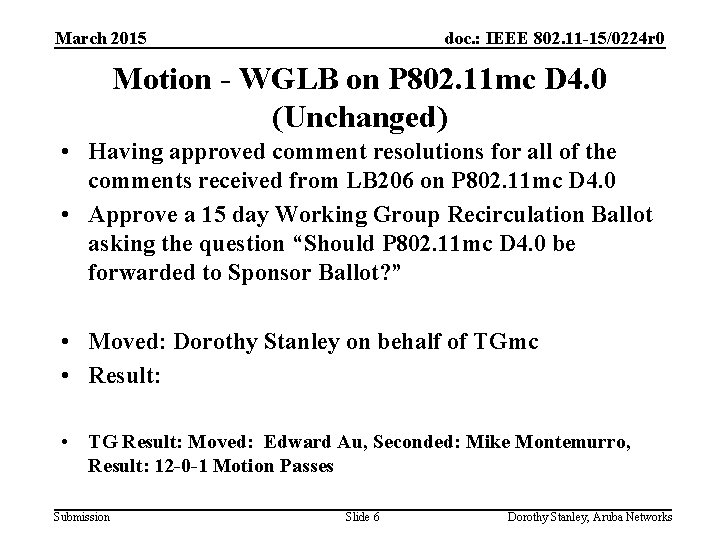 March 2015 doc. : IEEE 802. 11 -15/0224 r 0 Motion - WGLB on