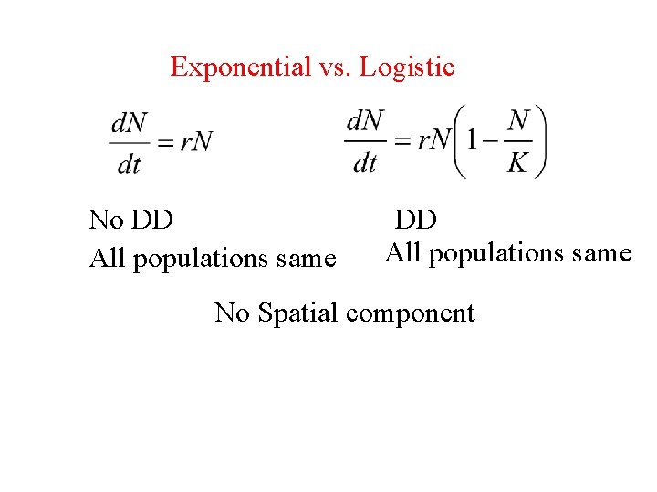 Exponential vs. Logistic No DD All populations same No Spatial component 